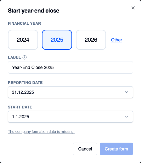 The creation dialog for a financial statement