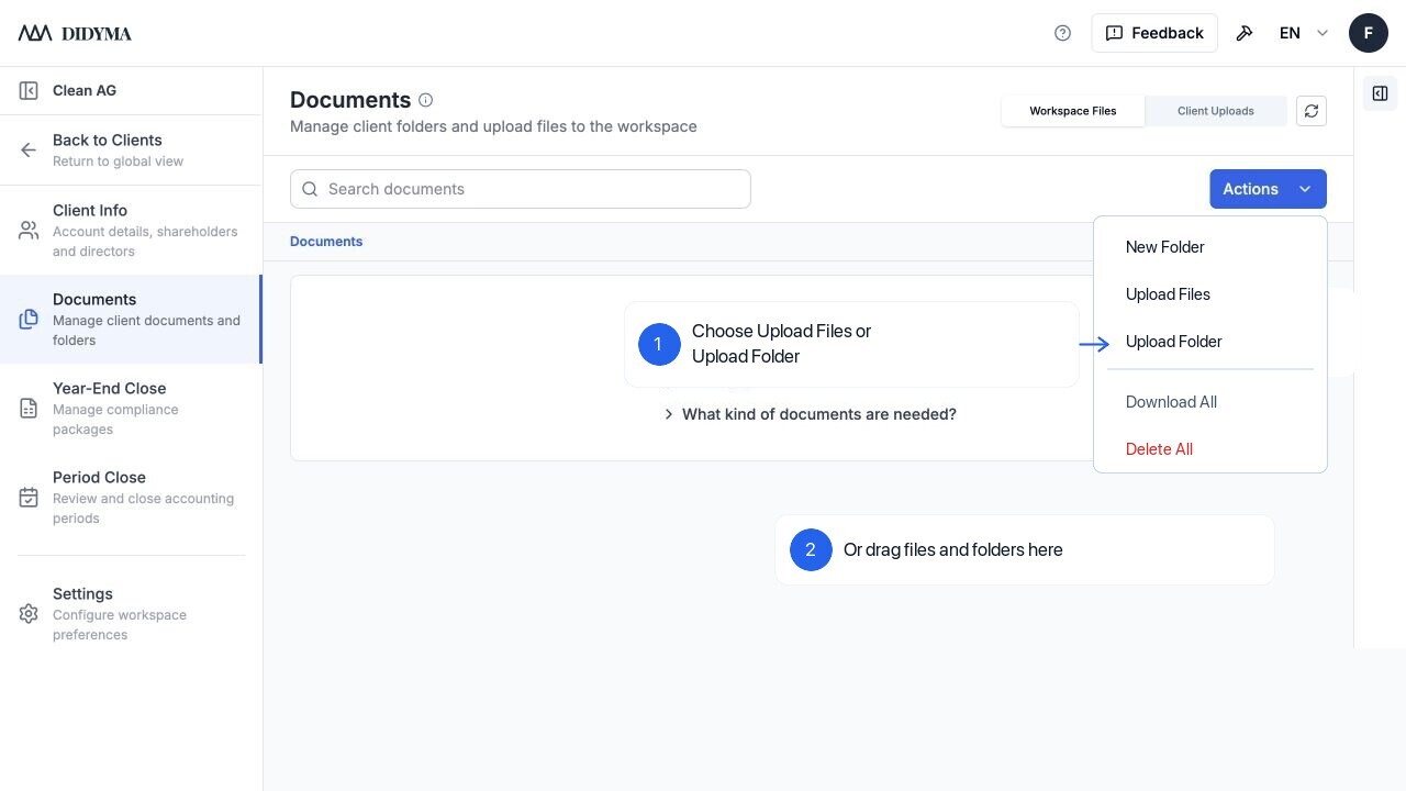 Documents ready for upload in a client workspace