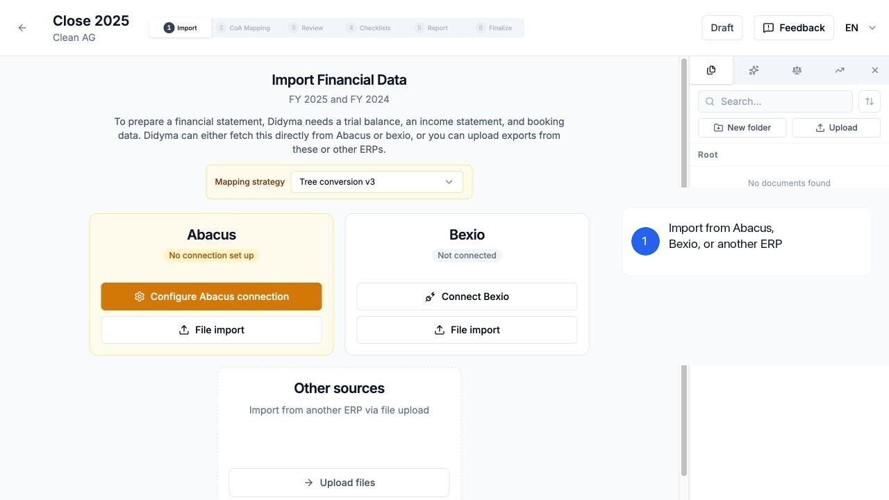 Import options for Abacus, Bexio, and other ERPs