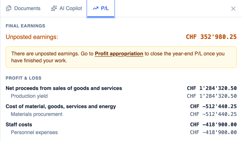 P/L panel with sample earnings.